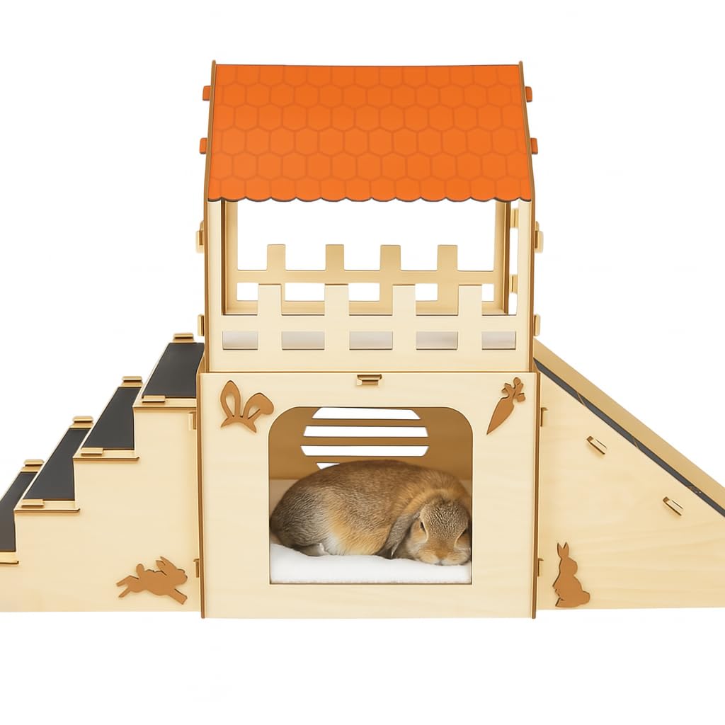 OtterPets Extra Large Bunny Hideout, Cozy Rabbit Castle with Fleece Mats, Wooden Rabbit Hideout, Bunny House Indoor Indoor, Chinchilla, Guinea Pig House (Pet Safe Wood Joints)