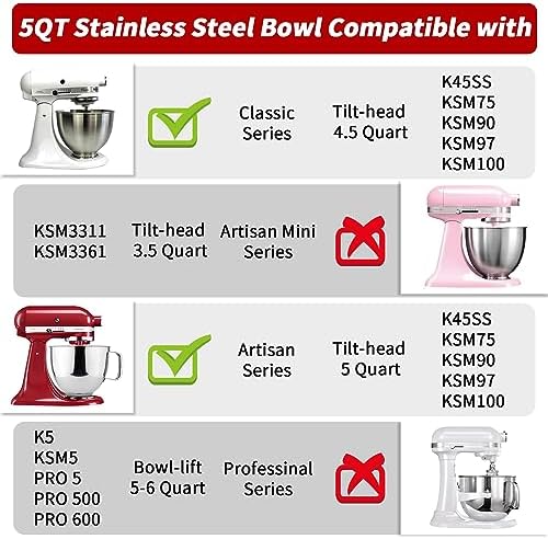 Stainless Steel Mixer Bowl 5QT Compatible with KITCHENAID TILT-HEAD STAND MIXERS 4.5-5 Quart, 5 Quart mixing bowl replacement