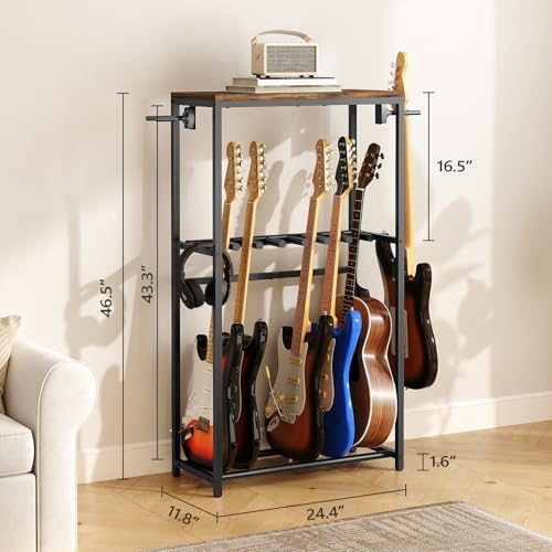 Guitar Stand for Acoustic Holder, Electric Guitar, Bass, Ukulele, Multiple Guitar Rack Holder, Floor Adjustable for Guitars, Guitar Amp Accessories, for Home Music Studio, Rustic Brown GSHR6701