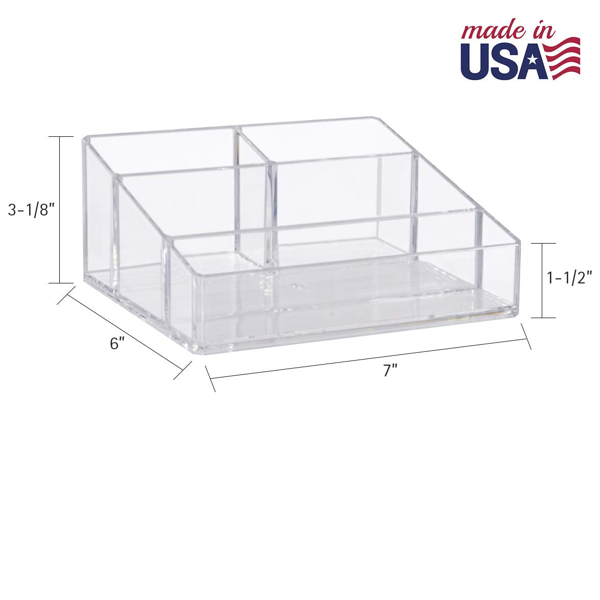 Clear Plastic Small Countertop Vanity Makeup Organizer, Compact Rectangular 4-Compartment Holder for Brushes, Eyeshadow Palettes, & Beauty Supplies, Made in USA