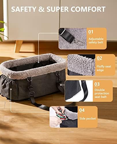BurgeonNest Dog Carseat for Small Dog, Upgraded Console Pet Booster Seat with Metal Frame, Pet Carseat with Double Protection Seat Belts, Washable Cushion, Safety Leash and Storage Pocket(Large)