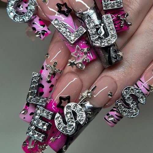 606PCS Nail Charms for Acrylic Nails,Large Letters Puncture Charms Silver and Colourful Alphabet Beads Dice Nail Accessories Nail Art Supplies Manicure Craft DIY