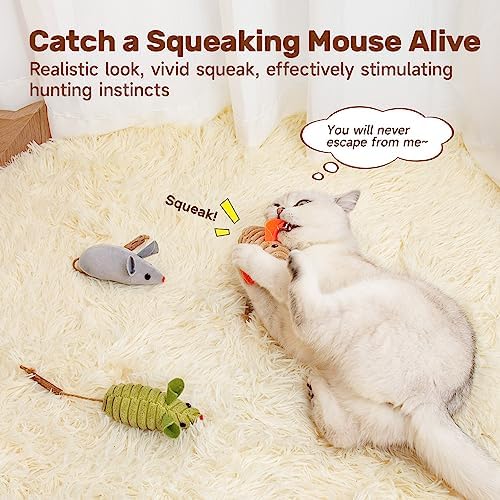 Potaroma Cat Toys 3Pcs Squeak Mice, Interactive Catnip Silvervine Animals Toys for Indoor Kittens, Dental Matatabi Cat Nip Chirping Toy, Cat Chew Exercise Toy for All Breeds and Species