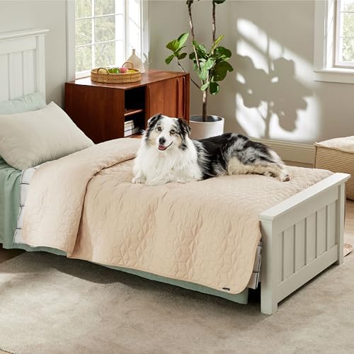 Bedsure 100% Waterproof Bed Cover for Dogs Washable - Non Slip Waterproof Dog Blanket for Bed, Lightweight Furniture Protector Durable for Pet Cat Puppy with Non-Slip Bottom, Beige, 82x102IN
