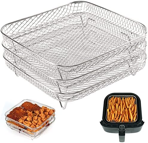 BYKITCHEN 8 inch Square Air Fryer Rack, Set of 3, Stackable Multi-Layer Stainless Steel Dehydrator Rack, Square Air Fryer Accessories for Cosori, Instant Vortex, Nuwave Airfryer, Ninja Foodi Grill