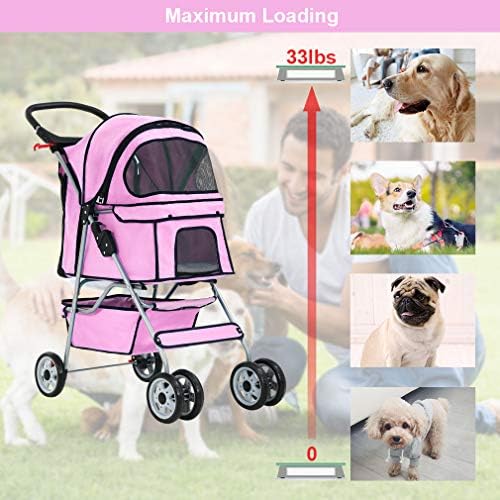 BestPet Pet Stroller Cat Dog Cage Stroller Travel Folding Carrier,Pink
