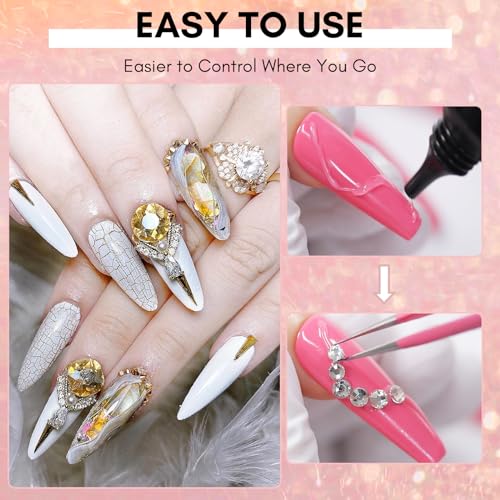 Makartt Champagne Nail Rhinestone with Gel Nail Glue for Gems 15ML Strong Adhesive Nail Rhinestone Glue Round & 3D Shape Flatback Nail Crystal Diamond for Nail Charm Accessories Jewels Decoration