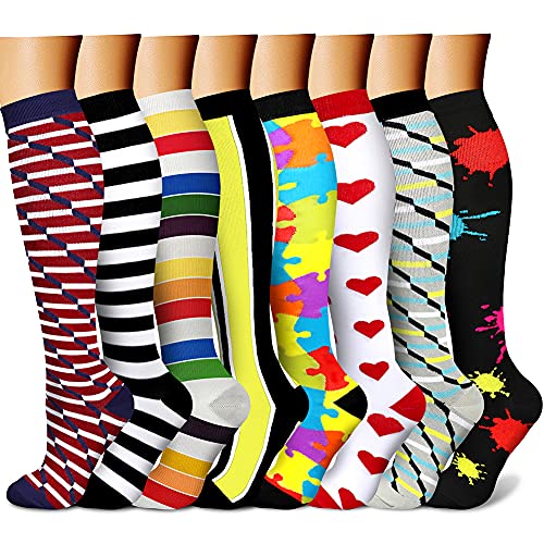 CHARMKING Compression Socks for Women & Men (8 Pairs) 15-20 mmHg Graduated Copper Support Socks are Best for Pregnant, Nurses - Boost Performance, Circulation, Knee High & Wide Calf (L/XL,Multi 10)