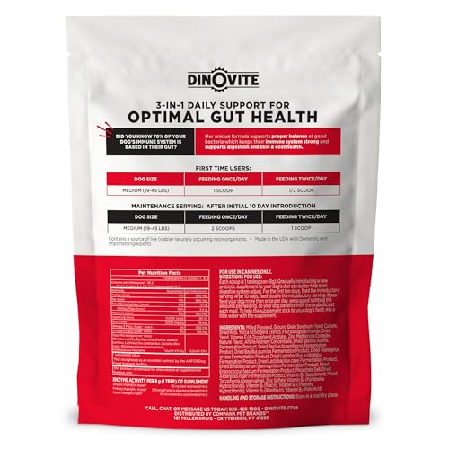 Dinovite 3 in 1 Probiotic for Medium Dogs, Skin & Coat, Digestive Health & Joint Relief, Dog Food Toppers, Immune Support, Allergy Relief & Itch Relief Skin Care, 30 Servings (18-45lb)