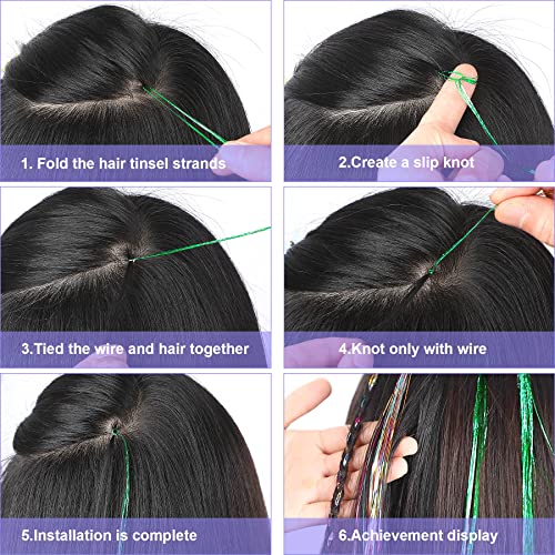 FEBSNOW 47 Inches Tinsel Hair Extension with Tool 2400 Strands 3 Colors Hair Extension Tinsel Kit Glitter Hair Extensions for Women Girls Hair Accessories for Christmas New Year Halloween Party