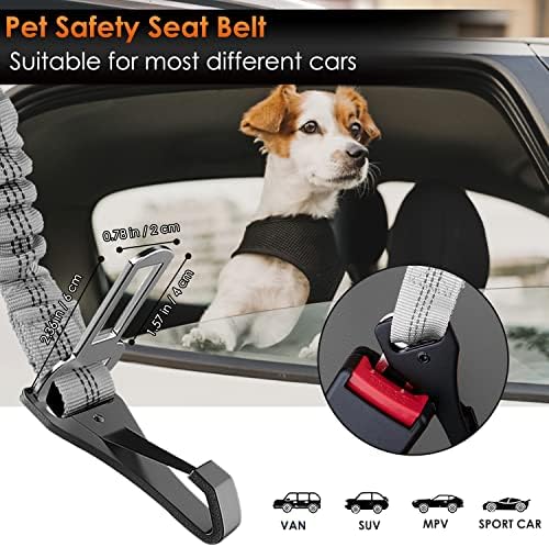 SlowTon 2 Pack Dog Seat Belt, 2 in 1 Attachment, Hook Latch Bar or Seatbelt Buckle with Elastic Nylon Bungee Buffer Adjustable Reflective Nylon Safety Belt Tether Connect to Dog Harness (2pack-GY)