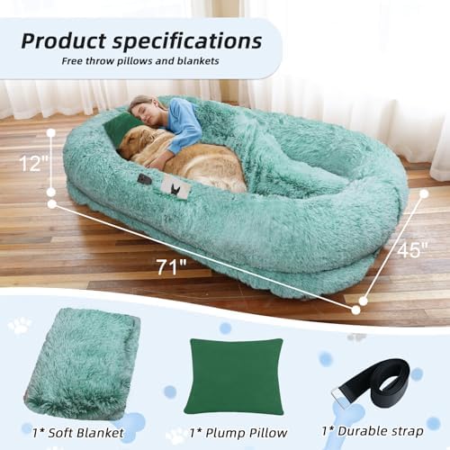 Human Dog Bed, 71''x45''x12'' Size Fits You and Pets, Washable Faux Fur Dog Bed for People Doze Off, Napping Orthopedic Dog Bed, Present Plump Pillow, Blanket, Strap - GreenWhite