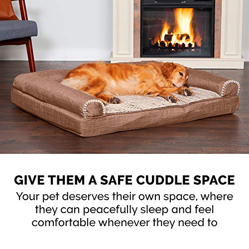 Furhaven Memory Foam Dog Bed for Large Dogs w/ Removable Bolsters & Washable Cover, For Dogs Up to 125 lbs - Luxe Faux Fur & Performance Linen Sofa - Woodsmoke, Jumbo Plus/XXL