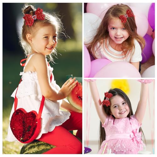 IKOLA Hair Bows for Girls Glitter Hair Clips with Rhinestones Heart Non Slip Metal Alligator Clips Hair Barrettes Sparkly Hair Accessories for Valentine's Day Christmas Back to School - Red