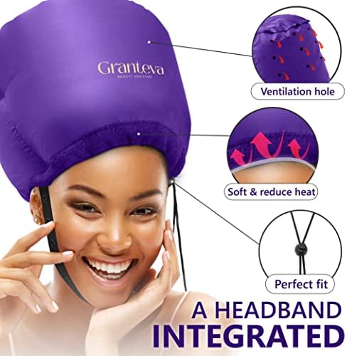 Bonnet Hair Dryer w/A Headband Integrated That Reduces Heat Around Ears & Neck - Hair Dryer Diffuser Cap for Hair Dryer Curly Hair, Speeds Up Drying Time, Deep Conditioning at Home - Large (Purple)