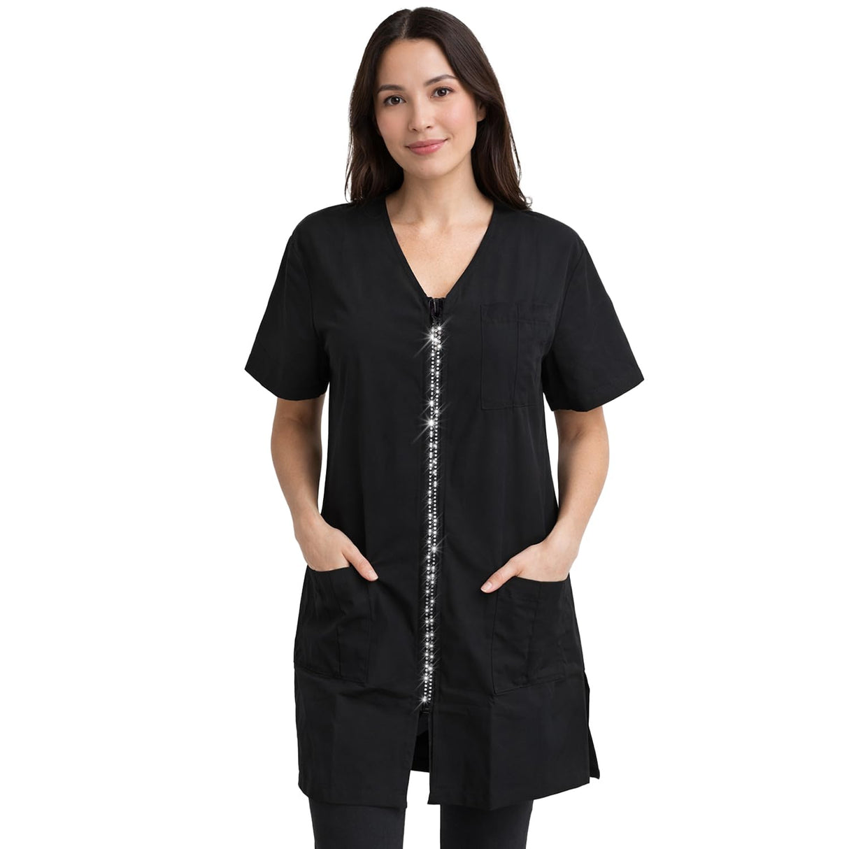 Ladybird Line 650 V Neck Adjustable Rhinestone Zipper Pet Grooming & Styling Jacket, Pleated Back Detail, 2 Front Pockets, Water Resistant, Bleach Hair Resistant Smock Pet Groomers Hair Stylists - XS