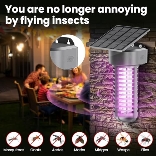 Solar Bug Zapper Outdoor, Garden Mosquito Zapper Waterproof & Cordless & Rechargeable & Auto On/Off,Flying Insect Zapper Mosquito Killer Lamp Mosquito Catcher Decorative Light for Patio, Gray