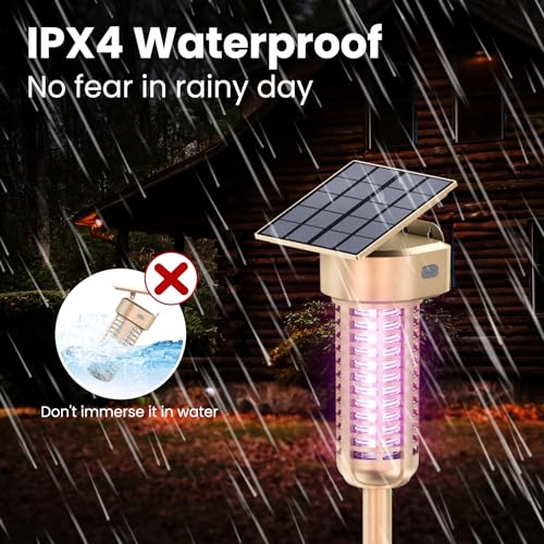 Solar Bug Zapper Outdoor, Garden Mosquito Zapper Waterproof & Cordless & Rechargeable & Auto On/Off,Flying Insect Zapper Mosquito Killer Lamp Mosquito Catcher Decorative Light for Patio, Gold