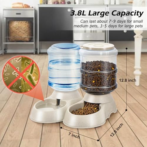 2 Pack Automatic Cat Feeder and Water Dispenser in Set Pet Food Bowl for Small Medium Dog Pets Puppy Kitten Big Capacity 1 Gallon x 2 (Cream)
