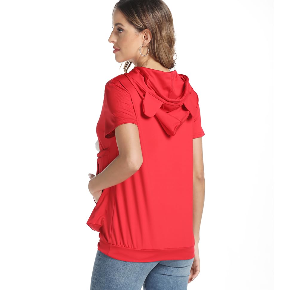 Women Big Pouch Shirt Pet Holder Pocket Top Short Sleeve Solid Color T-Shirt Red