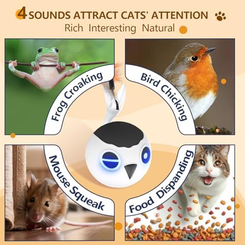 ORSDA Cat Toys, Interactive Cat Toy Ball for Indoor Bored Indoor Cats Kitten Toys, Automatic Electric Bird Moving Ball Toy, 4 Mode Touch & Sound Control Rolling Chirping Stimulating, 2 Feather Tails