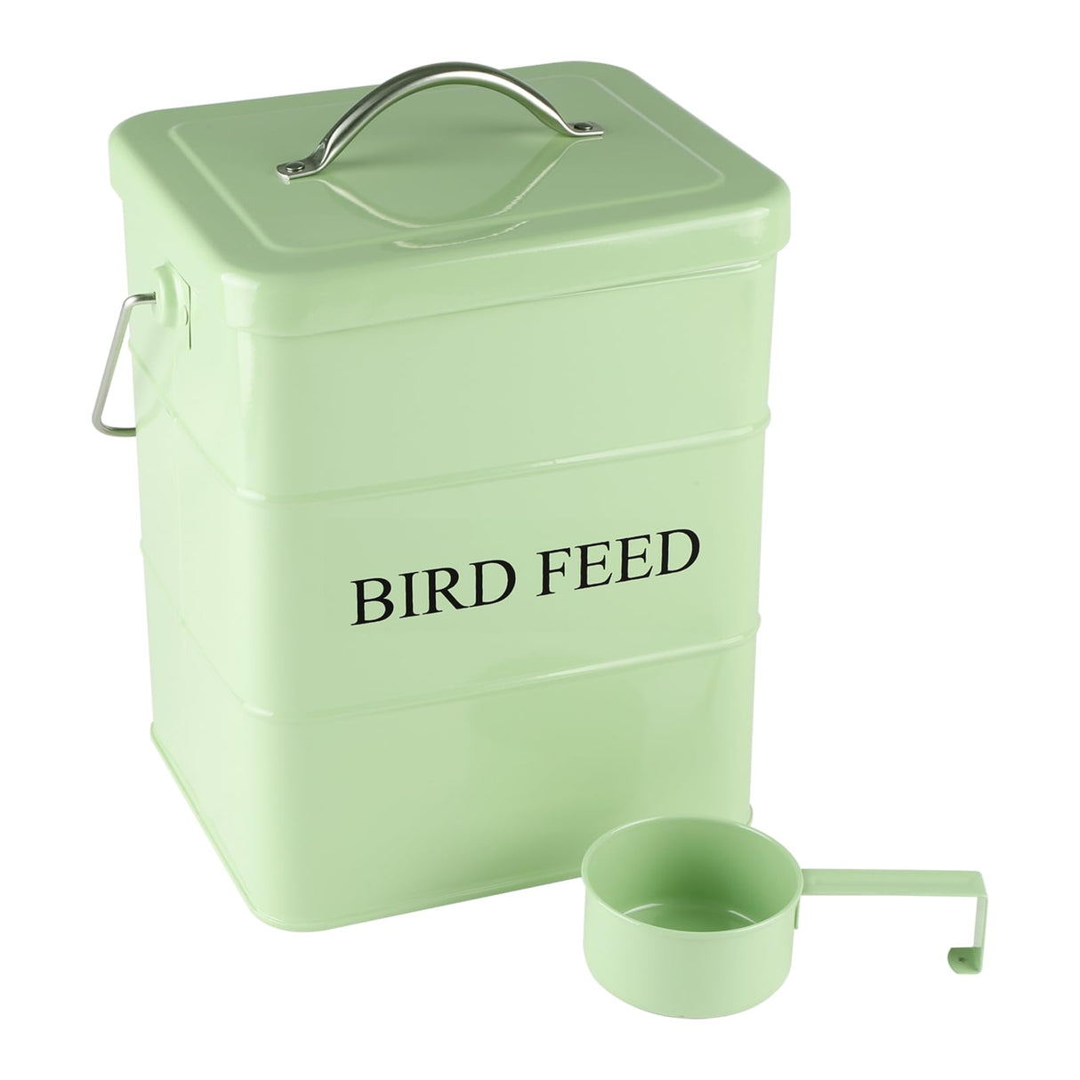 Brabtod Bird Seed Storage Container Airtight,5~6LB Metal Bird Food Container with Scoop,Wild Bird Seed Tin for Storing Sunflower Seed-Ideal for Outdoor or Indoor-Squirrel proof -Green