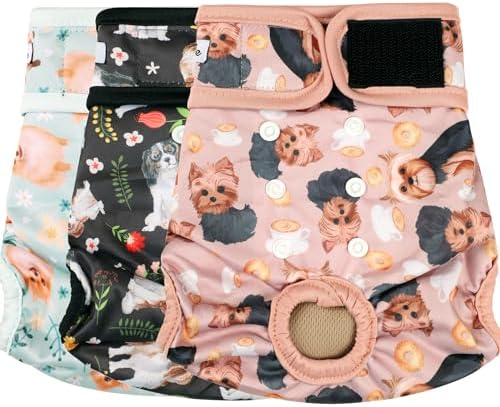Dog Diapers Female(3 Pack) - No Leak Reusable Diapers for Doggy Female in Period - Highly Absorbent Dog Heat Panties with Adjustable Snaps Cute Dogs S