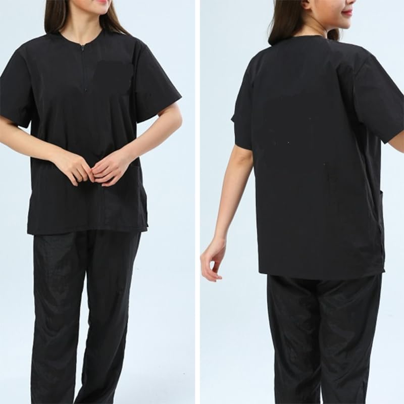 Dog Grooming Smock for Men Women, Anti-Static Smock for Pet Shop Dog Cat Grooming Bathing, Short Sleeves, Water Resistant and Hair Proof, (Solid Black L)