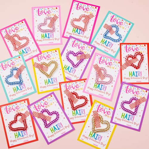 Class Valentines Day Gifts for Kids Girls with 24 Pack Heart Hair Ties Hair Bands with Girls Valentines Cards School Valentines Hair Accessories for Classroom Exchange