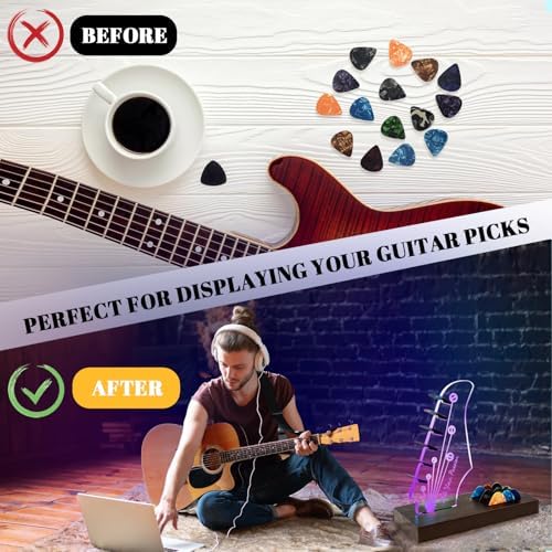 Light Up Guitar Pick Holder, Wooden Guitar Pick Holder for Picks Storage and Display, Music Gift for Men Guitar Music Lovers Players Guitarist, Guitar Accessories