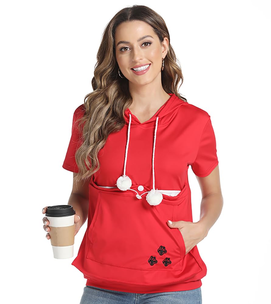Women Big Pouch Shirt Pet Holder Pocket Top Short Sleeve Solid Color T-Shirt Red