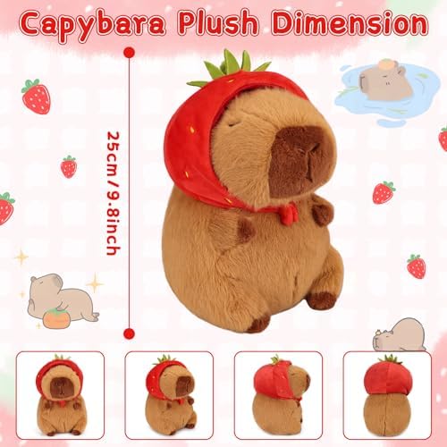 Emoin Capybara Plush Toy with Strawberry Hat 9.8 Inch Kawaii Capybara Plushie Soft Capybara Valentines Stuffed Animals Doll Strawberry Capybara Valentines Day Gift for Her