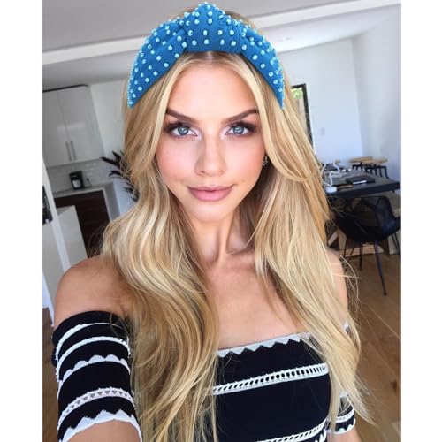 YISSION 1PC Pearl Knotted Headband for Women Non Slip Beaded Headband Wide Pearl Headbands for women Jeweled Embellished Hairband Blue Head Band Hair Accessories for Women Girls