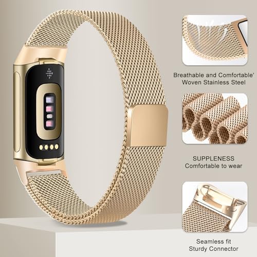 surundo Compatible with Fitbit Charge 6/Charge 5 Bands for Wmen Men, Metal Mesh Milanese Loop Adjustable Strap Replacement for Fitbit Charge 6/Charge 5 Advanced Fitness & Health Trackers