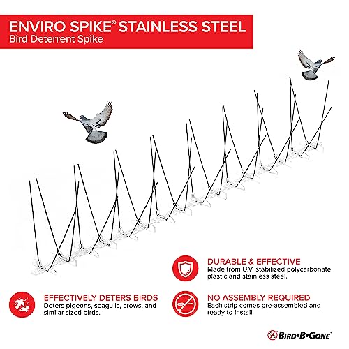 Bird B Gone - Pre-Assembled EnviroSpike Stainless Steel Anti Bird Spikes (50') - UV-Stabilized Polycarbonate Base - Humane Deterrent - Stops Pigeons & Birds from Roosting On Rooftops, Ledges, Fences