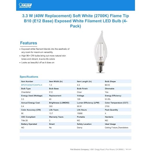 FEIT ELECTRIC 60W BA10 E12 CANDELABRA WHITE FILAMENT LED LIGHT BULB 2700K