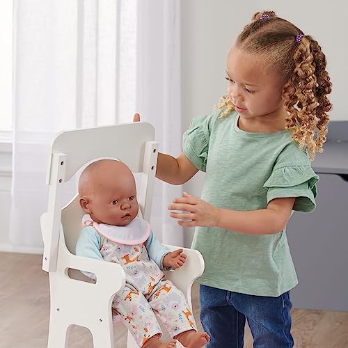 Badger Basket Wooden Doll High Chair with Feeding Tray, Bib, Personalization Kit, and Accessories - Fits 18-Inch Dolls, White with Pink Gingham Seat for Pretend Play