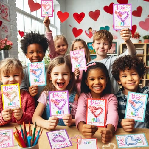 Class Valentines Day Gifts for Kids Girls with 24 Pack Heart Hair Ties Hair Bands with Girls Valentines Cards School Valentines Hair Accessories for Classroom Exchange
