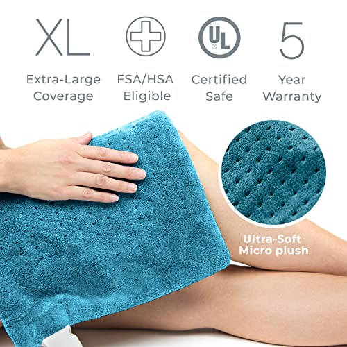 Pure Enrichment® PureRelief™ XL Heating Pad - 12" x 24" Electric Heating Pad for Back Pain & Cramps, 6 InstaHeat™ Settings, Machine Wash, Soft Microplush, Auto Shut-Off & Moist Heat (Blue)
