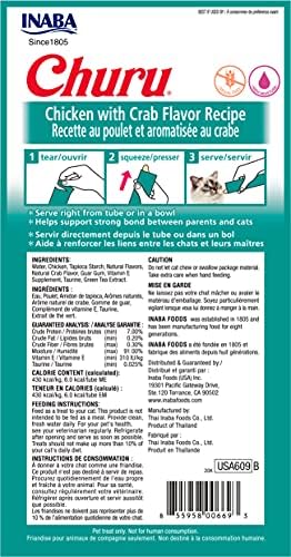 INABA Churu Cat Treats, Grain-Free, Lickable, Squeezable Creamy Purée Cat Treat/Topper with Vitamin E & Taurine, 0.5 Ounces Each Tube, 24 Tubes (4 per Pack), Chicken with Crab Recipe