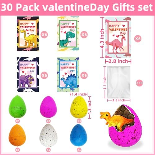 30 Pack Valentines Day Gifts for Kids Boys, Dinosaur Egg Hatching with Valentines Cards for Kids Classroom Class Exchange School Prizes Toddler Girls Boys Funny Dino Valentines Cards Party Favors Gift