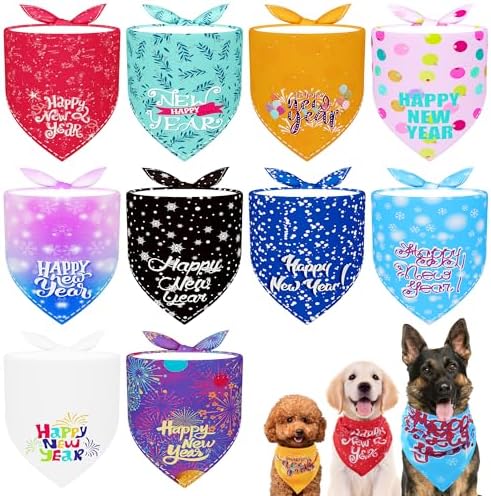 10PCS Dog Bandanas Happy New Year for Large Breed Dog XL XXL Kerchief Triangle Bibs Head Scarves for Boys and Girls Grooming Costume