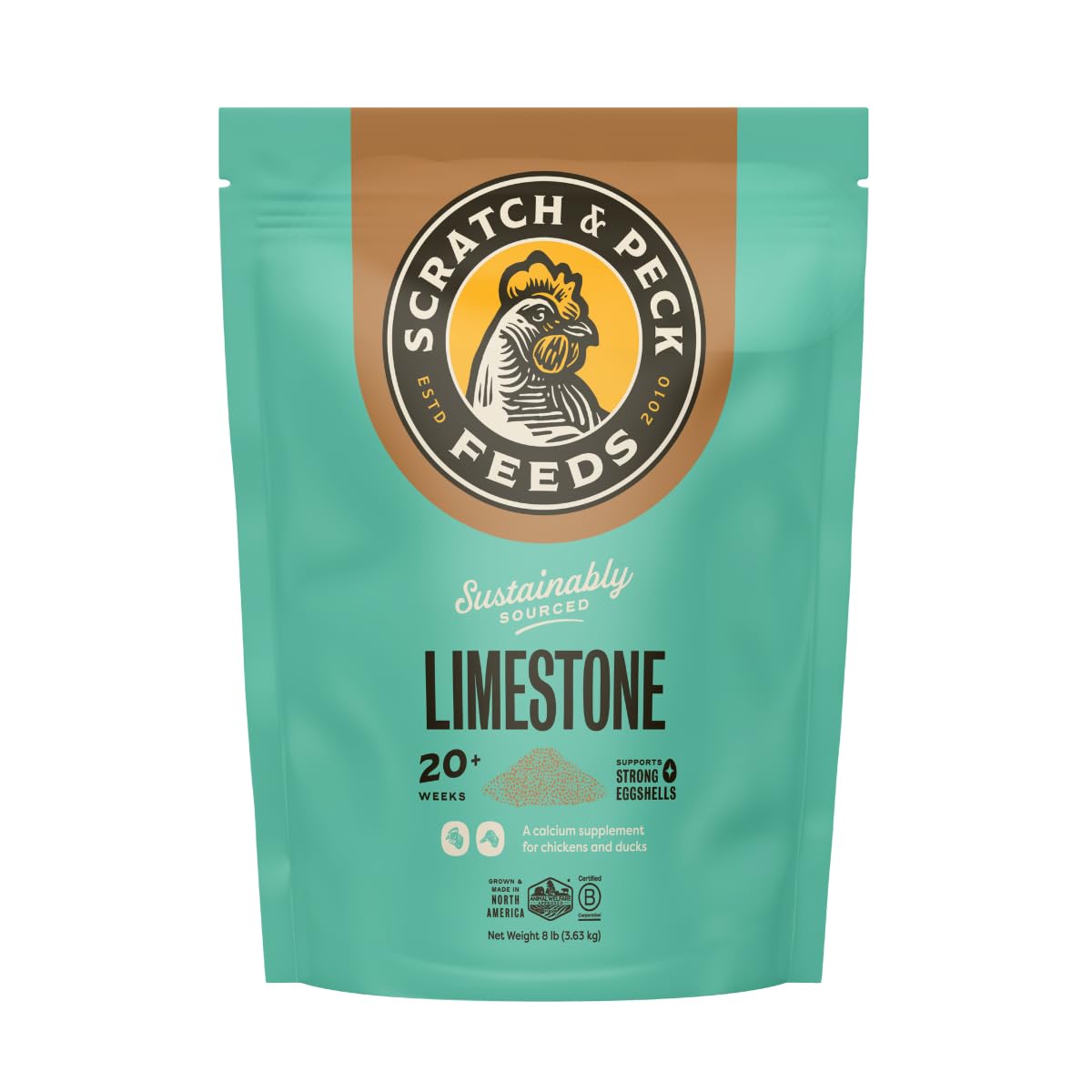 Scratch and Peck Limestone Supplement for Chickens and Ducks - High in Calcium, Made from Pure and Sustainably Sourced Limestone - 8 lbs Bag