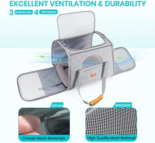 Morpilot Portable Cat Carrier - Soft Sided Cat Carrier for Medium Cats and Puppy up to 15lbs, Pet Carrier with Locking Safety Zippers, Foldable Bowl, Airline Approved Travel Dog Carrier - Light Gray