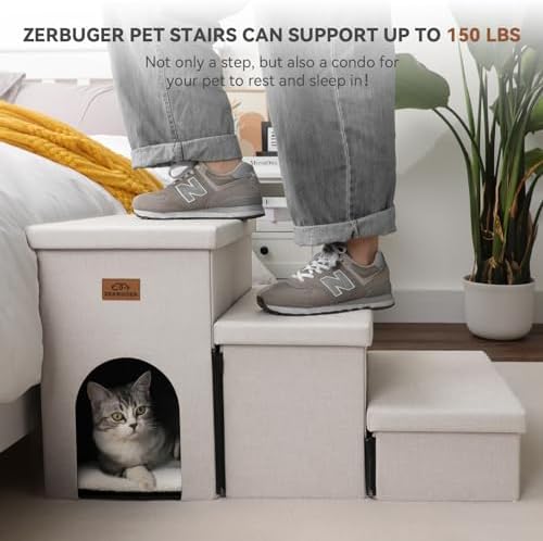 Dog Stairs with Condo 18" H, 3-Step Wider Dog Steps for High Beds Couch, Folding Storage Pet Stairs Gift for Small/Medium/Large Old Dogs Cats, Ramp for Climbing Car Up to 200 lbs, Beige Gray