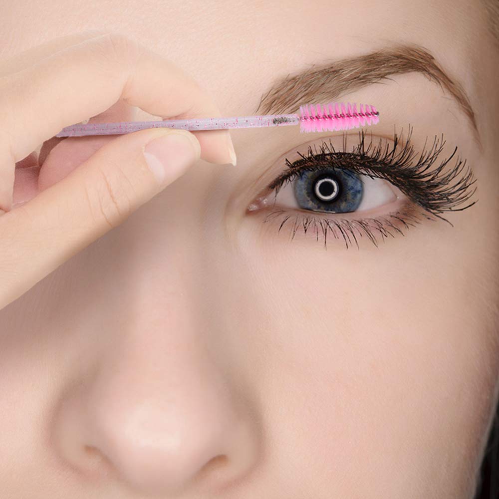 100PCS Eyelash Mascara Brushes, Disposable Lash Spoolies, Crystal Mascara Wands Makeup Kits for Eyelash Extensions and Eyebrow (Pink)