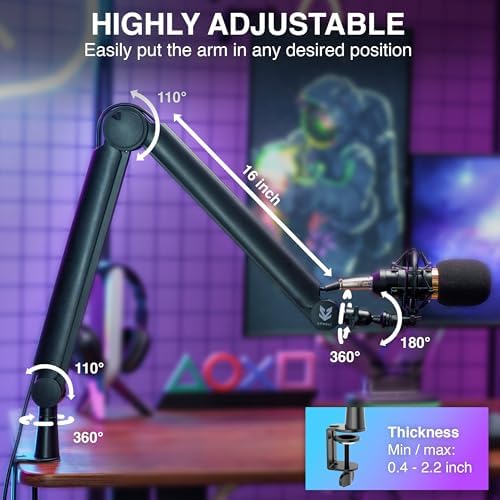 SA-30 Microphone Boom Arm, 360Β° Rotatable Mic Stand with 6 inch riser, Microphone Holder with 1/4", 3/8" and 5/8" Adapters, Professional Microphone Arm with Accessories, Mic Boom Arm Black