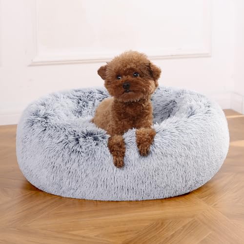 Amazon Basics Washable Donut Pet Bolster Faux Fur Bed with Removable Cover, Anti-Slip Bottom for Dog, Grey, 23" x 23"