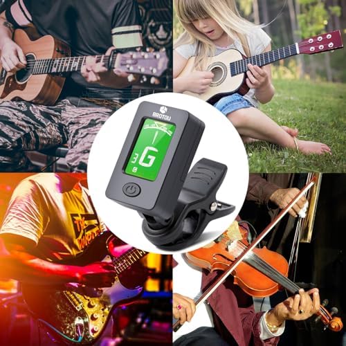 BROTOU Guitar Tuner Clip On with Guitar Capo for Guitar, Bass, Violin, Ukulele, Digital Electronic Tuner Acoustic Guitar Accessories with LCD Display (3 Guitar Picks)
