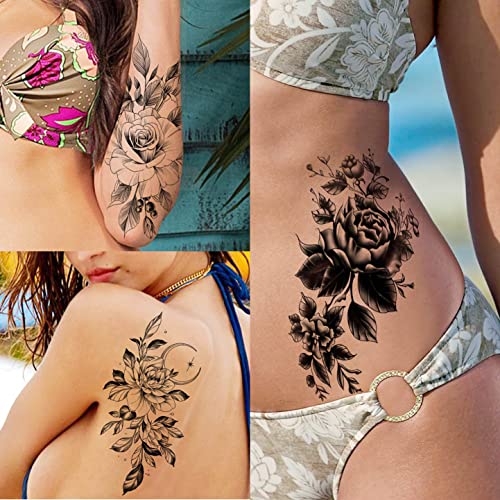 65 Sheets Black Realistic Flower Temporary Tattoos For Women Arm Thigh, 3D Fake Tattoos That Look Real And Last Long, Temp Rose Sketch Moon Snake Peony Floral Tattoo Stickers For Adults Girls